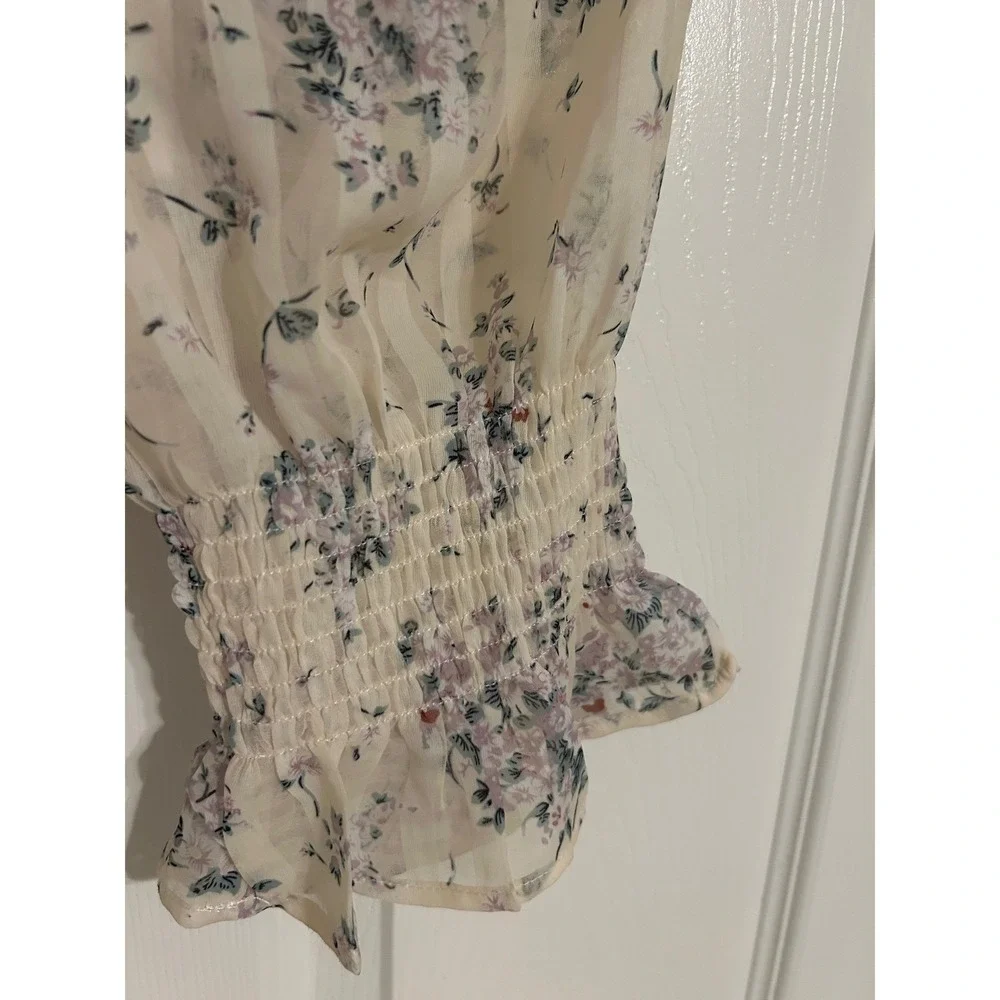 Collective Rack Floral Smocked Crop Top Cream Purple Sheer Balloon Sleeve Blouse